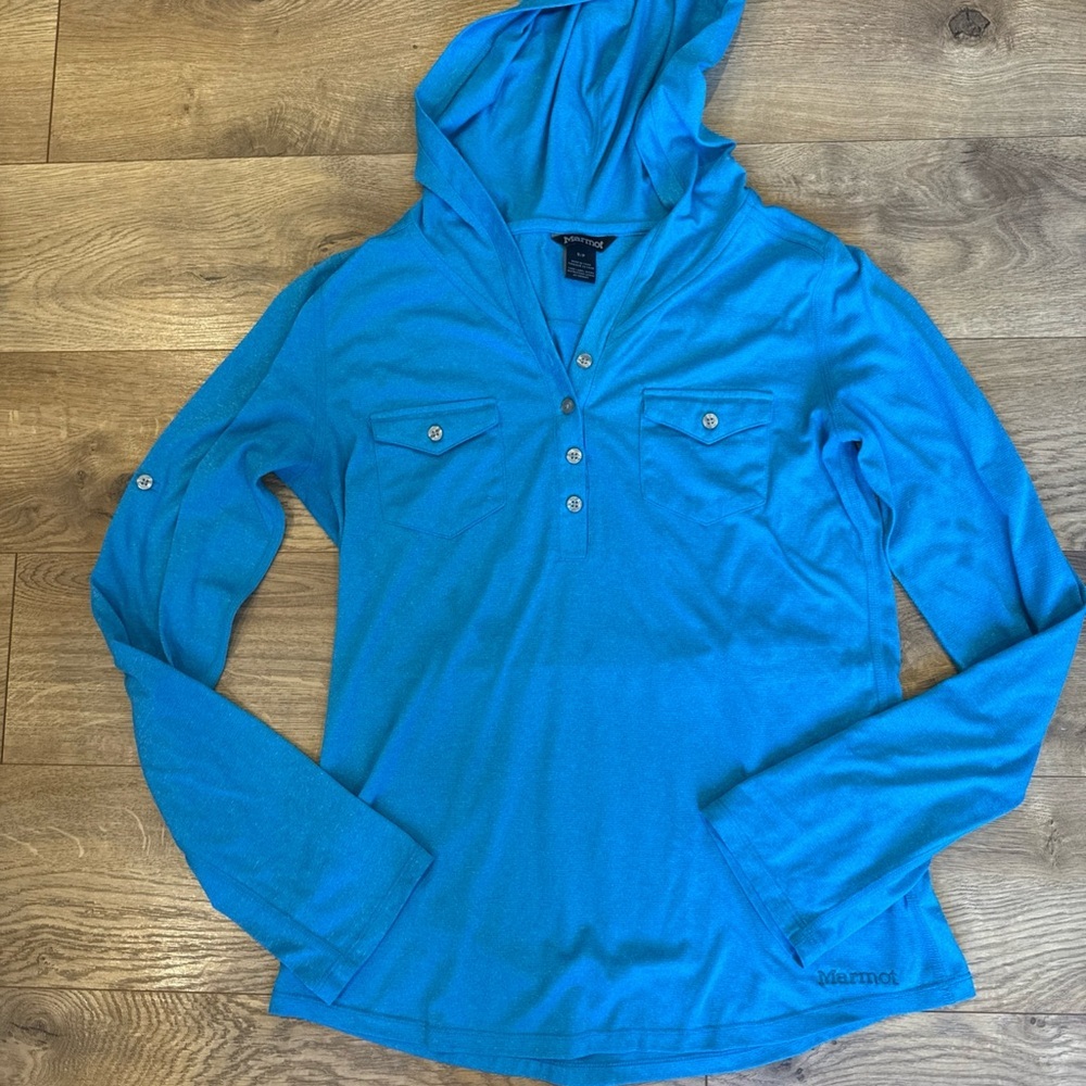 Marmot Laura 1/2 Button-Up Laura Long Sleeve Hooded Shirt Womens Small Blue